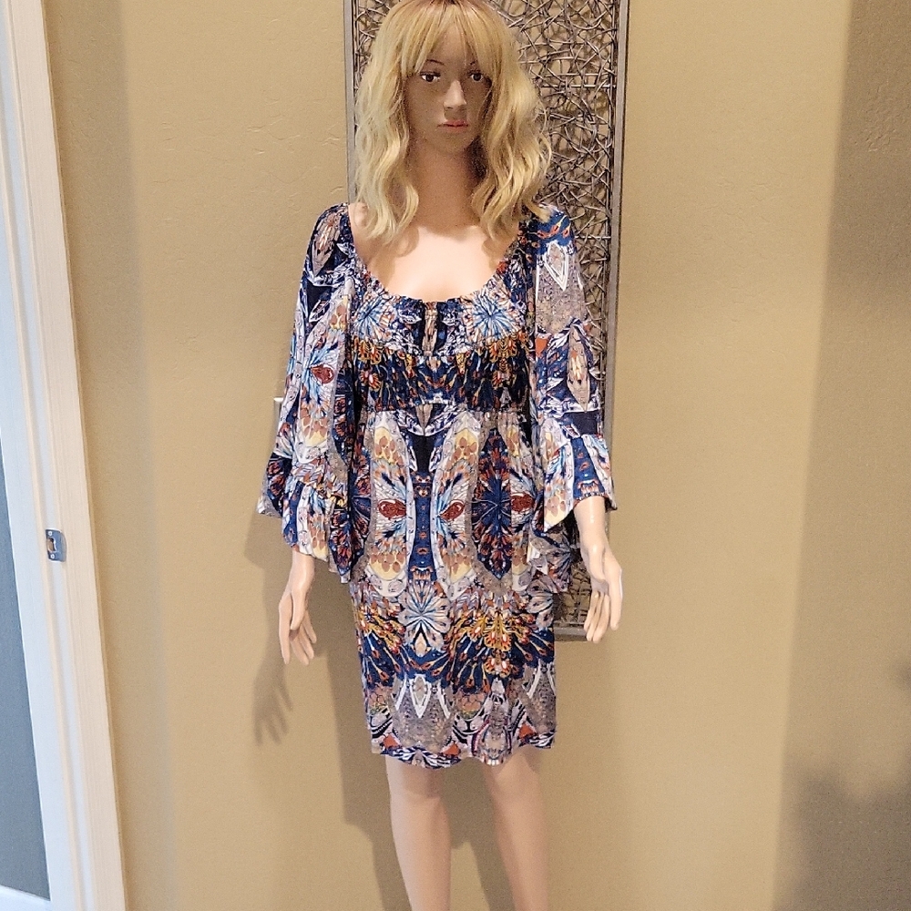Boston Proper Flare Sleeve Bohemian Royal Peacock Print Smocked Dress